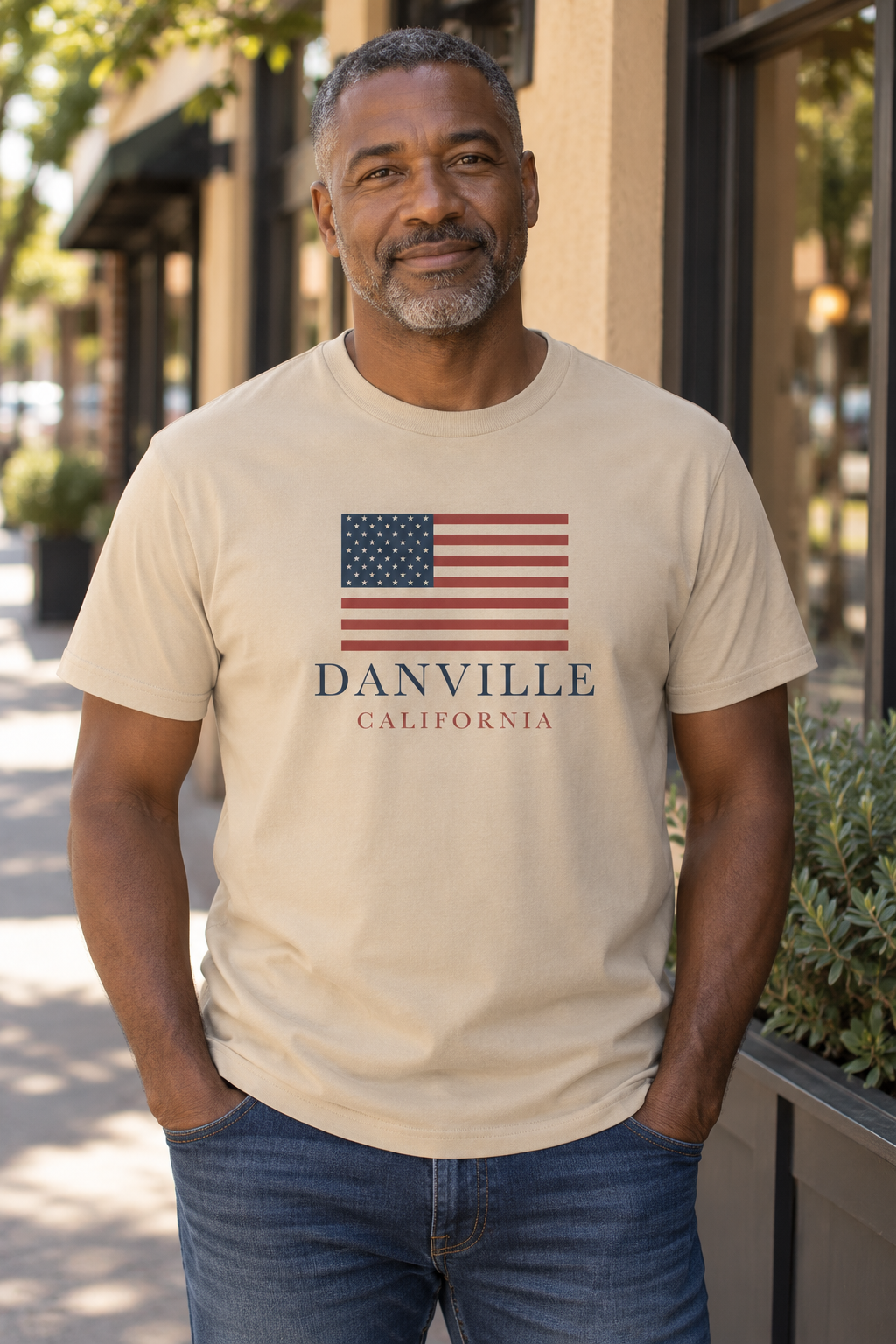 Danville Americana | Originals Organic Tee — lifestyle view, Desert Dust