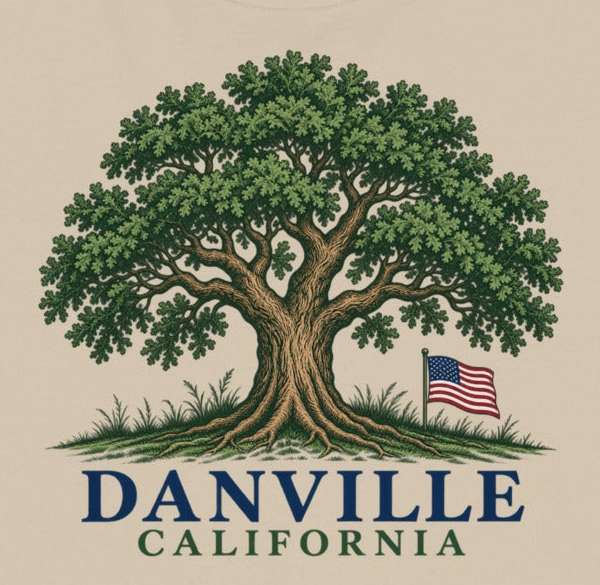 Close-up of the front design on Danville Oak & Flag | Organic Tee.